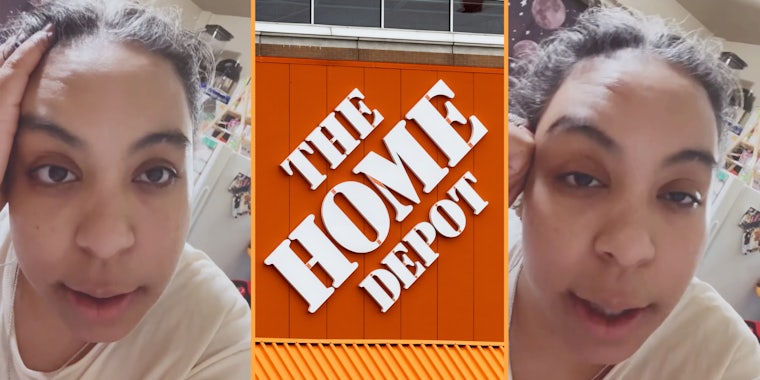 Woman talking(l+r), The Home Depot sign(c)