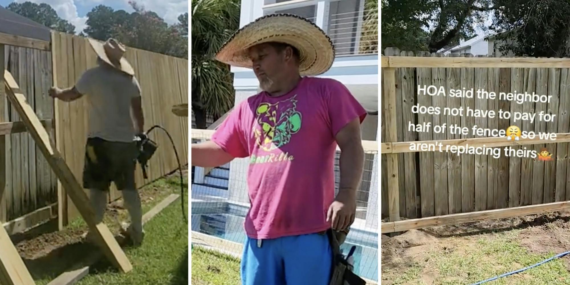 man fixing fence(l), Man with hat(c), Fence(r)