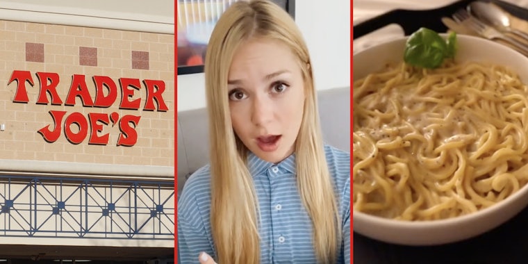 Trader Joes(l), Woman looking surprised(c), Pasta in bowl(r)