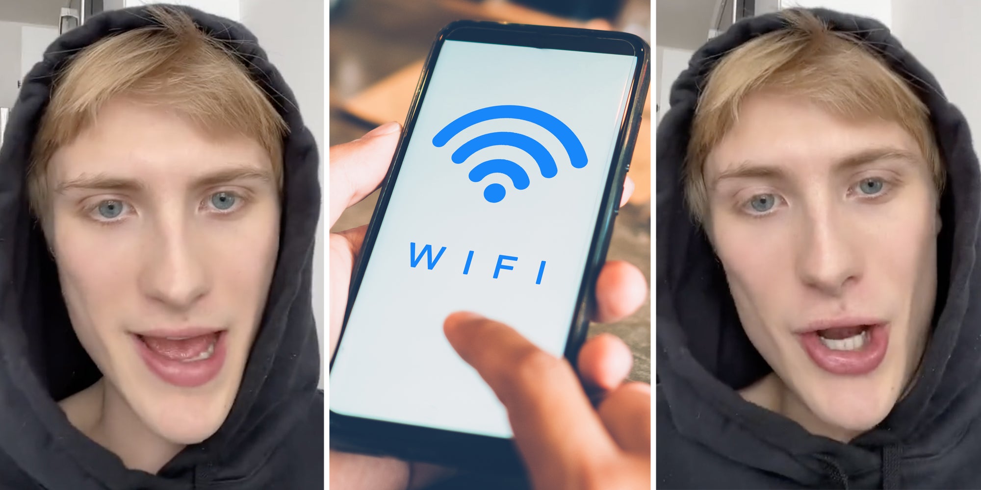 Man talking(l+r), Hand holding phone with wifi(c)