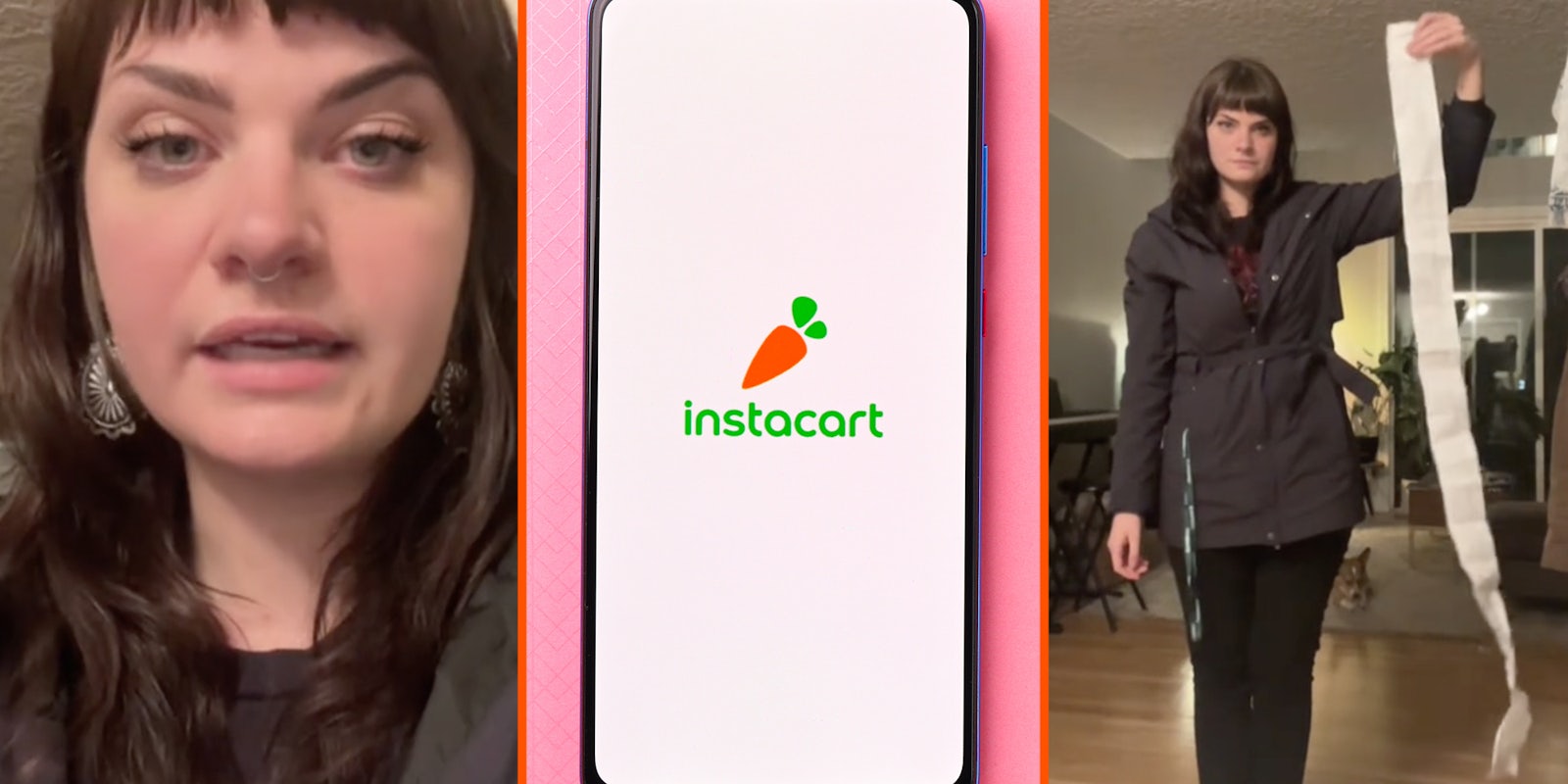 Woman talking(l), Phone with instacart app open(c), Woman with long receipt(r)