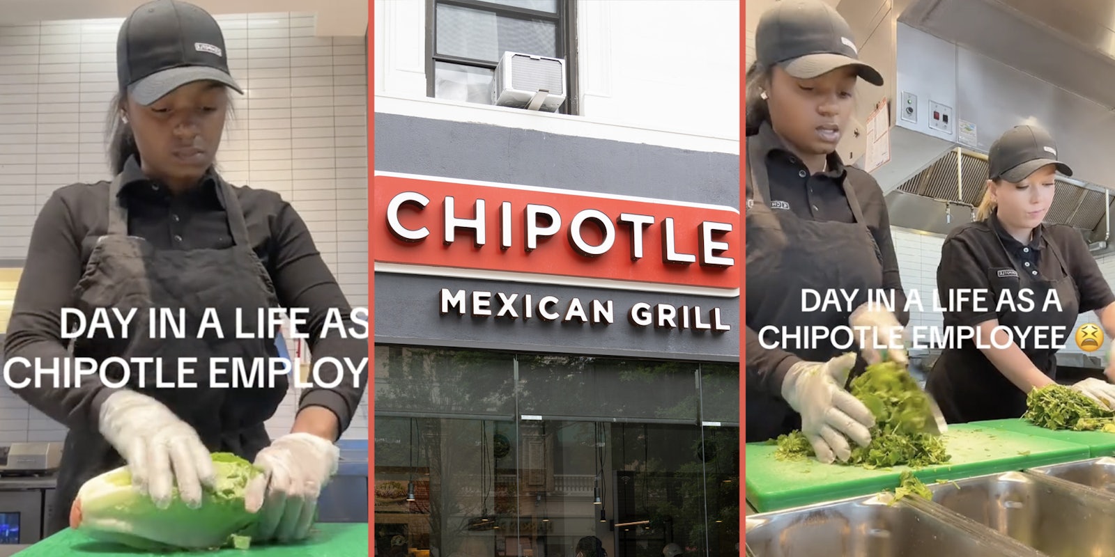 Woman chopping lettuce(l), Chipotle(c), Two chipotle workers chopping cilantro(r)