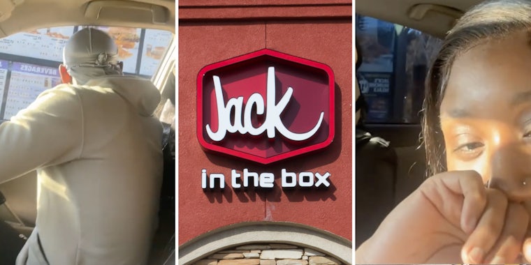 Man ordering at drive thru(l), Jack in the box sign(c), Woman laughing(r)