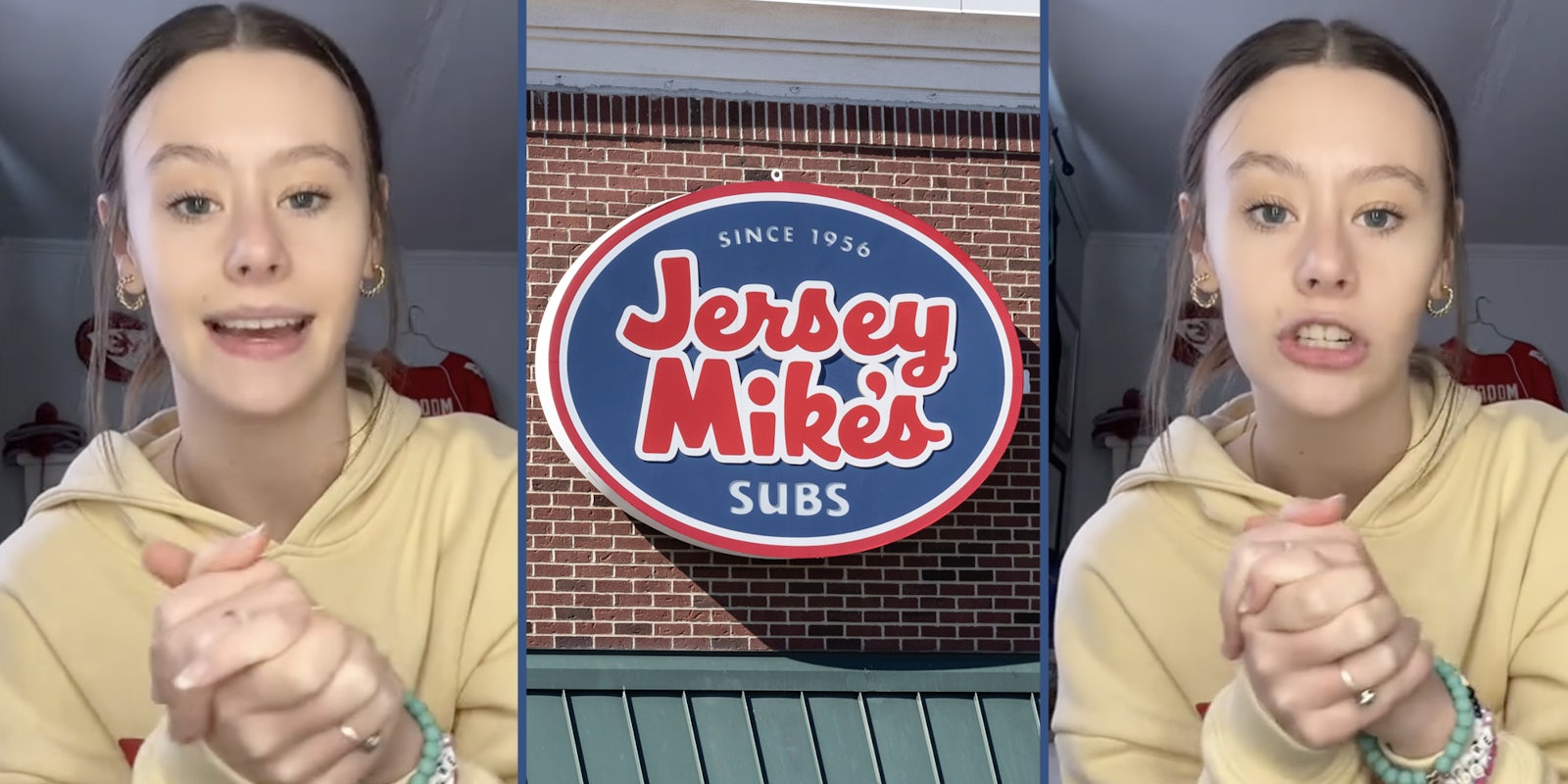 Woman talking(l+r), Jersey Mike's subs(c)