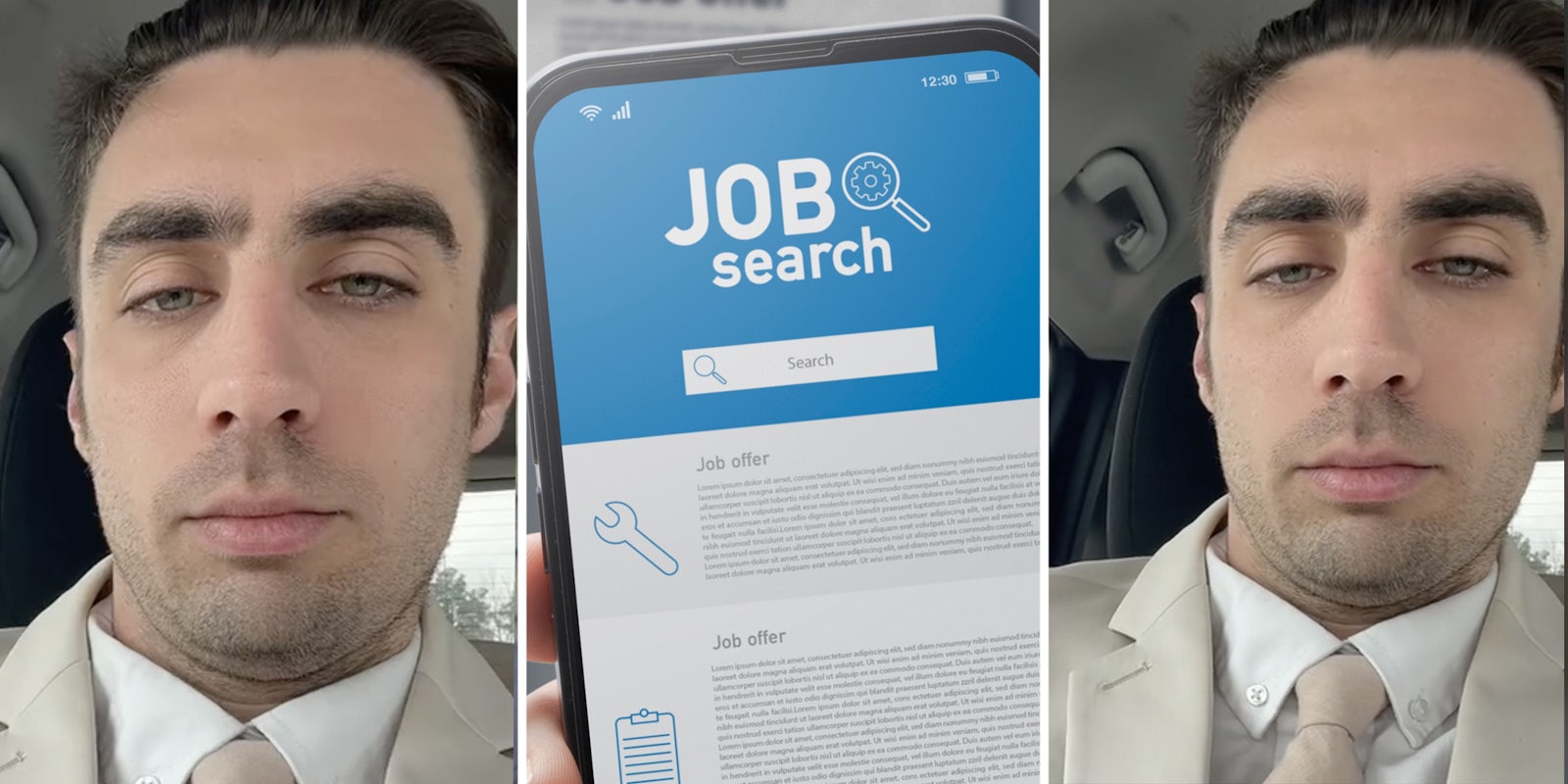 Man looking at camera(l+r), Job search on phone(c)