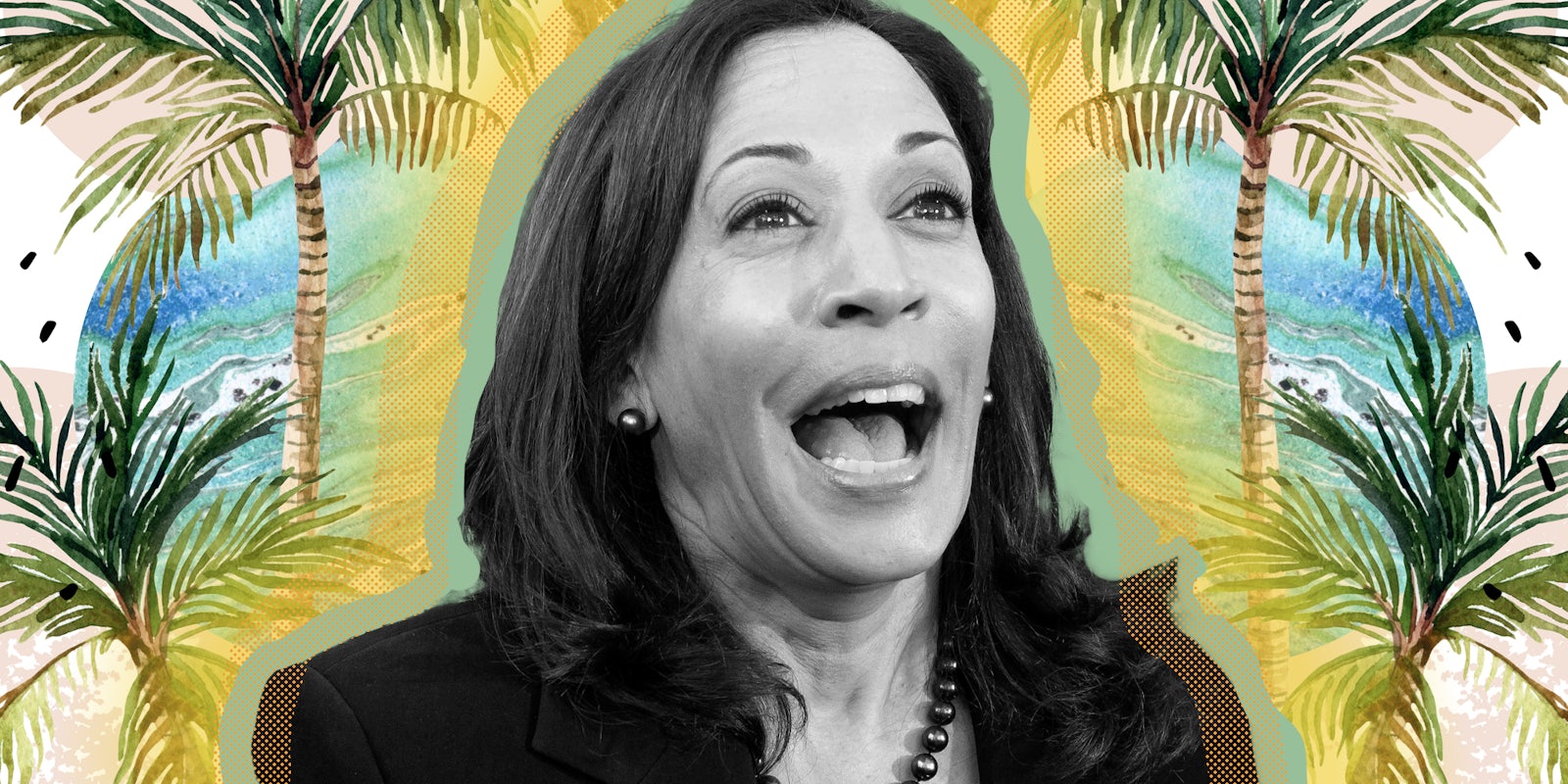 Kamala Harris laughing with palm trees in the background