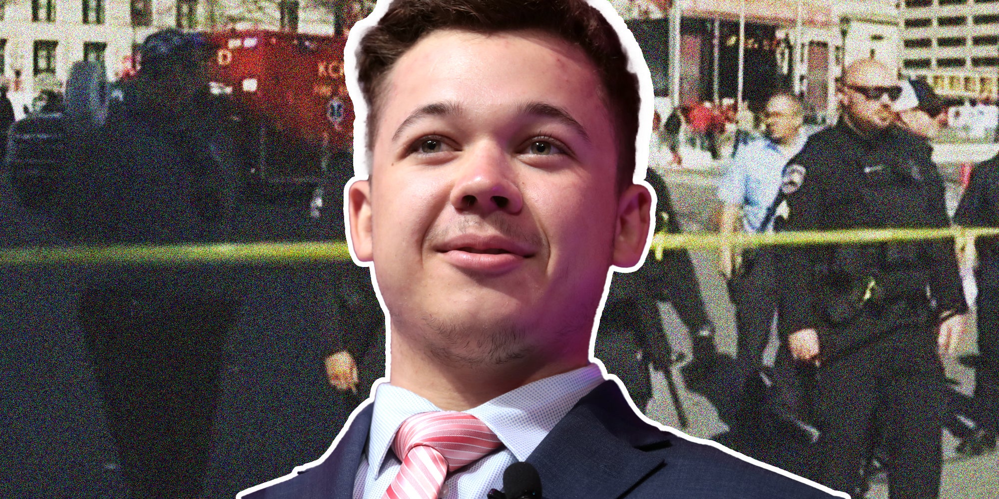 Kyle Rittenhouse in front of scene of police after Kansas City Shooting