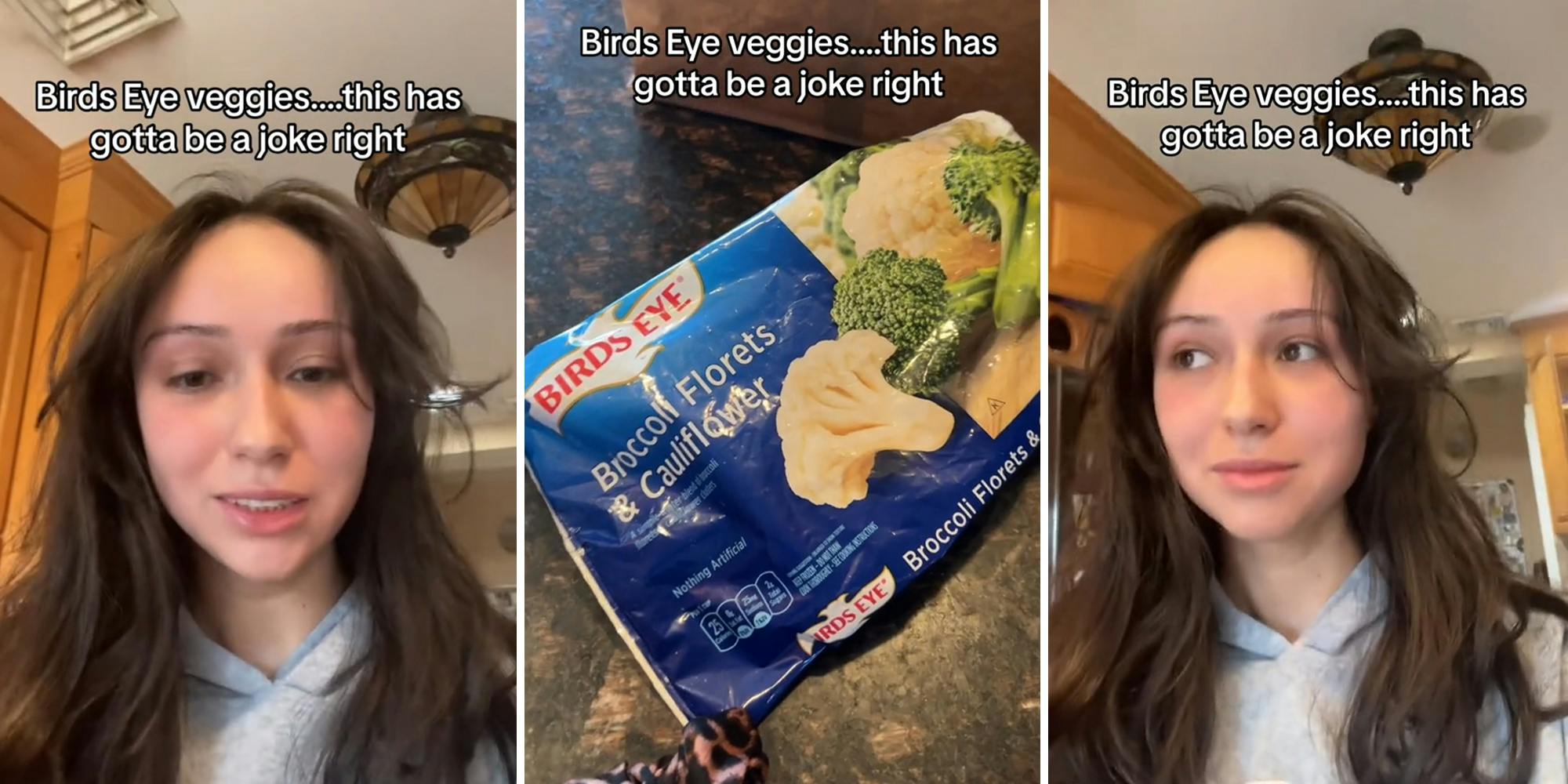 Customer warns of Birds Eye broccoli florets and cauliflower frozen veggies after opening hers