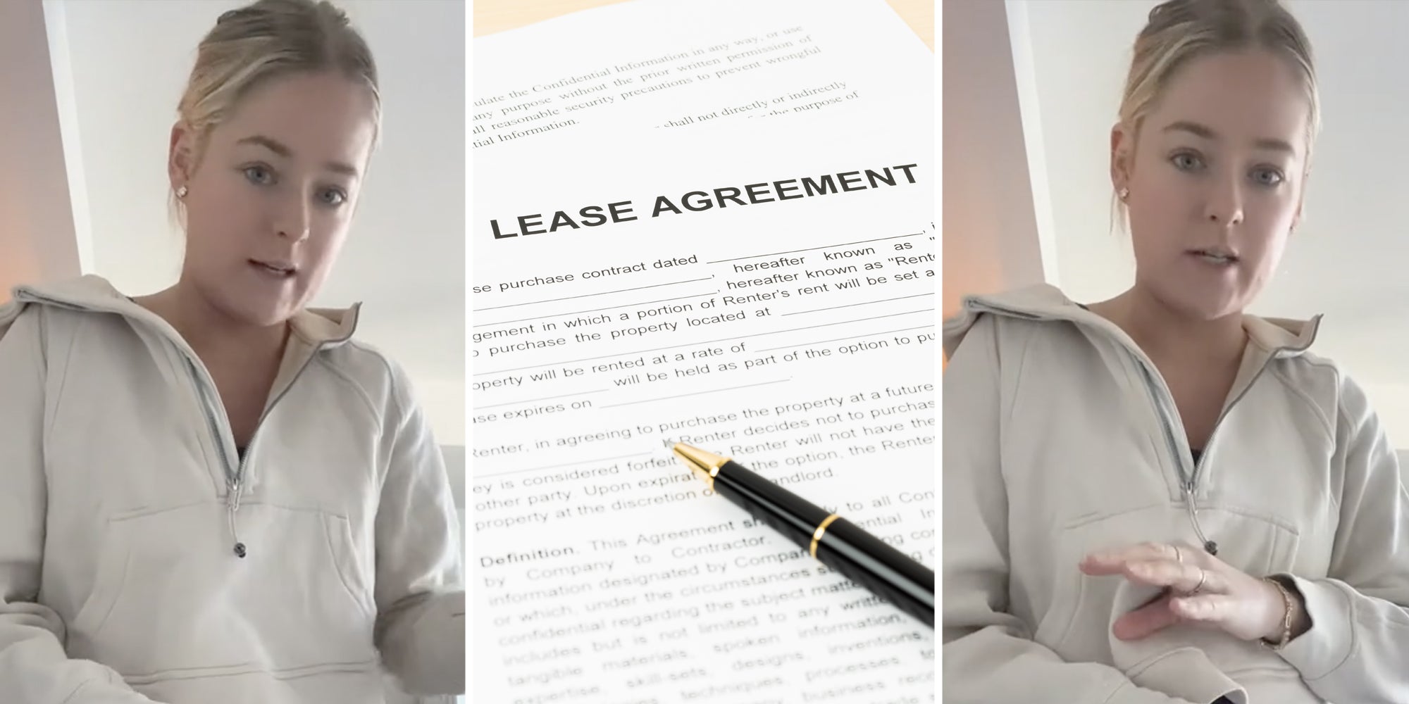 Woman talking(l+r), Lease Agreement(c)