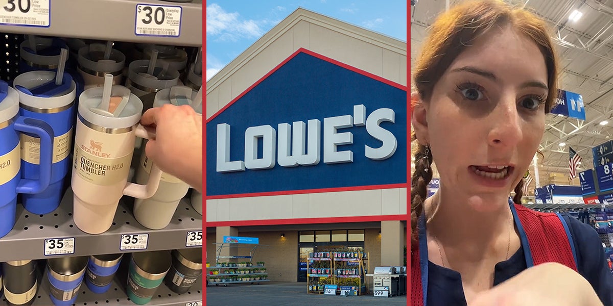Stanley cup in Lowe's worker hand on shelf (l) Lowe's storefront with sign (c) Lowe's worker speaking (r)