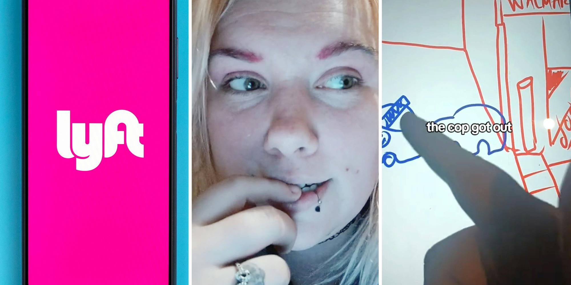 Lyft app on phone(l), Woman biting nail(c), Finger pointing to draw or scene unfolding(r)