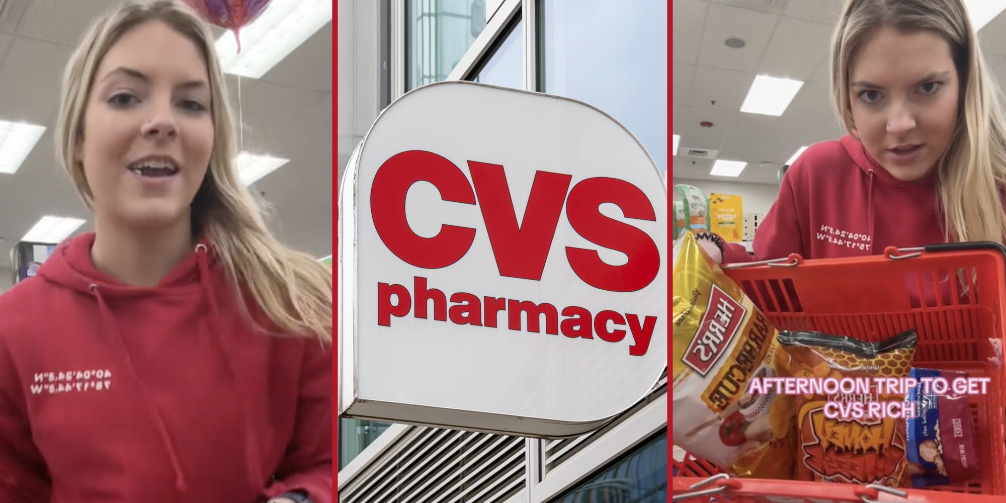 Woman talking(l), CVS sign(c), Woman showing off snacks in basket(r)
