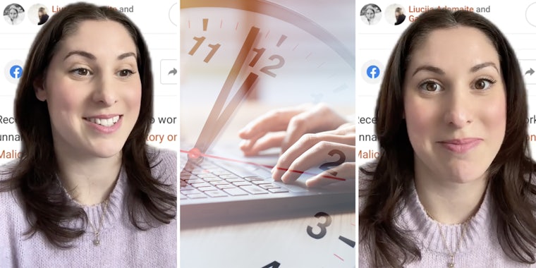 Woman talking(l+r), Hands typing on keyboard with clock over it(c)