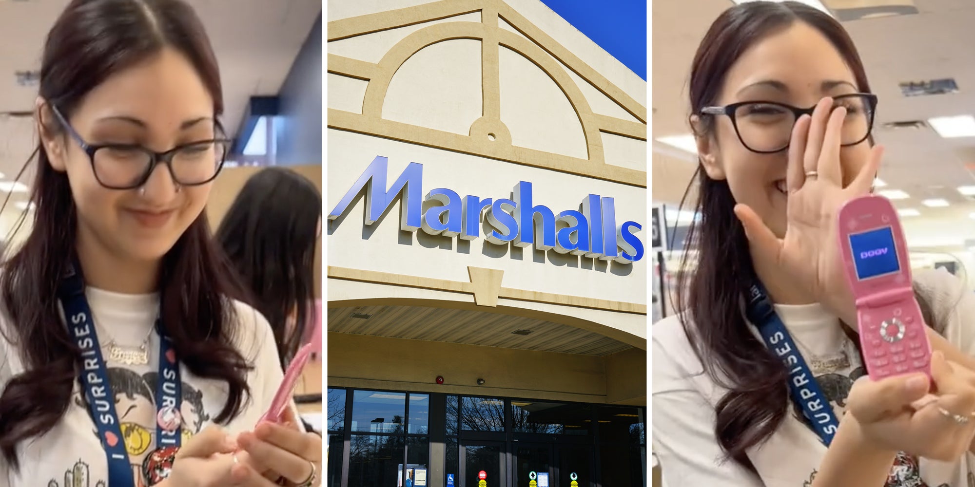 Woman with flip phone(l+r), Marshalls(c)