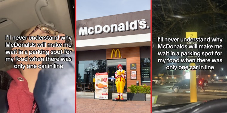 Woman waiting(l), McDonald's(c), Cart in parking lot(r)