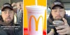 Man with McDonald's drink(l+r), McDonald's drink with straw(c)
