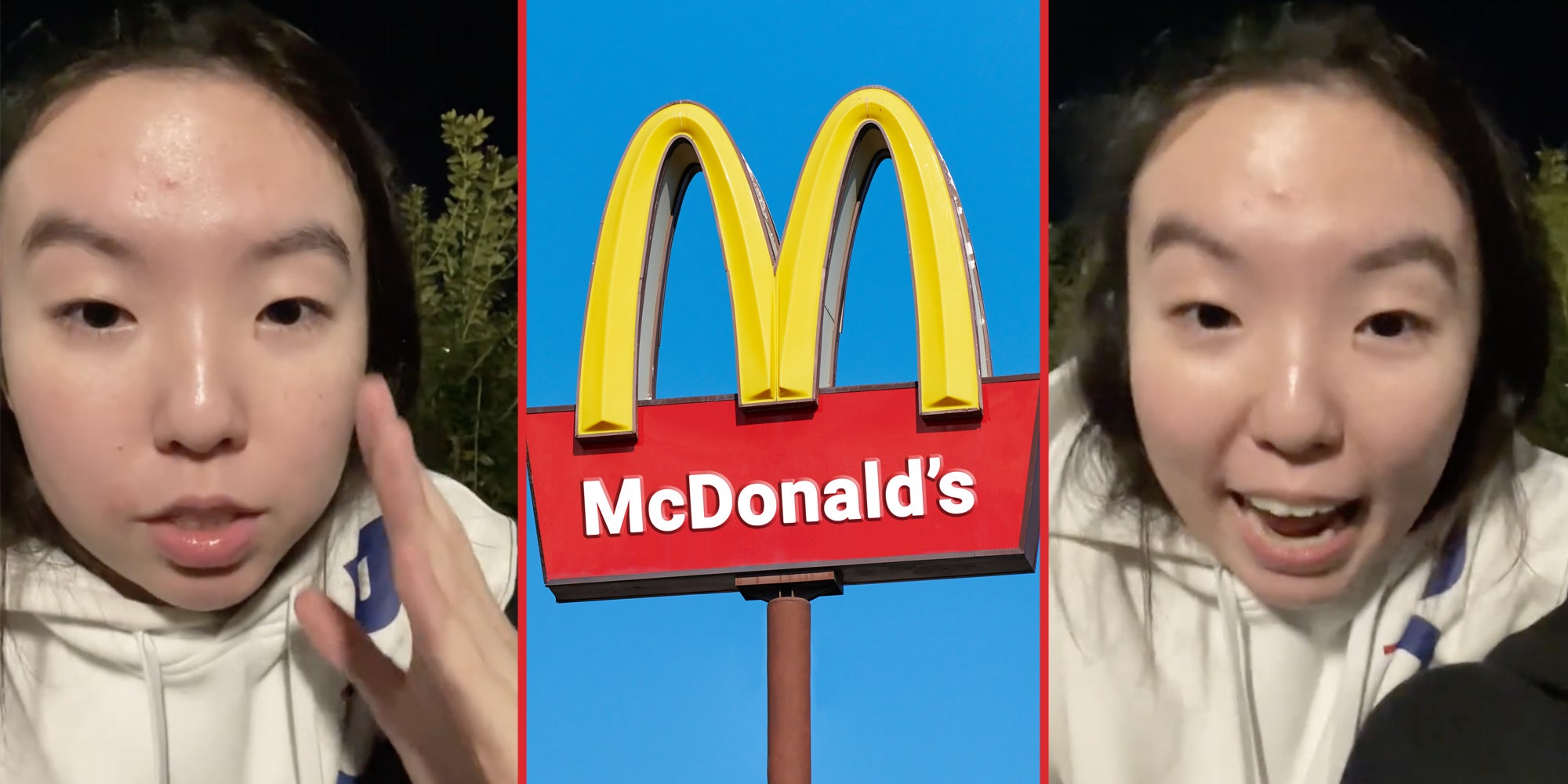 Woman talking(l+r), McDonald's sign(c)