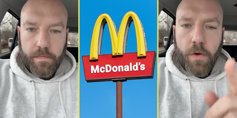 Man talking(l+r), McDonald's sign(c)