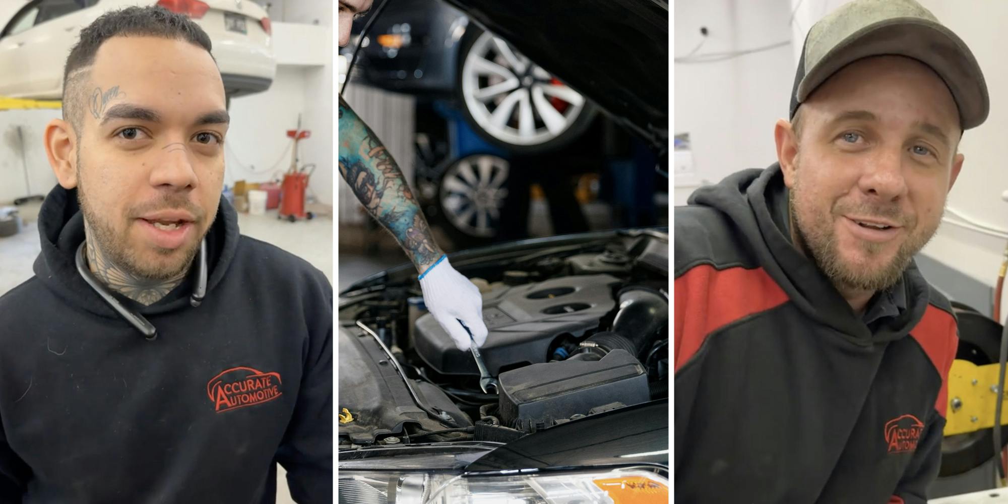 Man talking(l), Car hood open and being worked on(c), Another man talking(r)