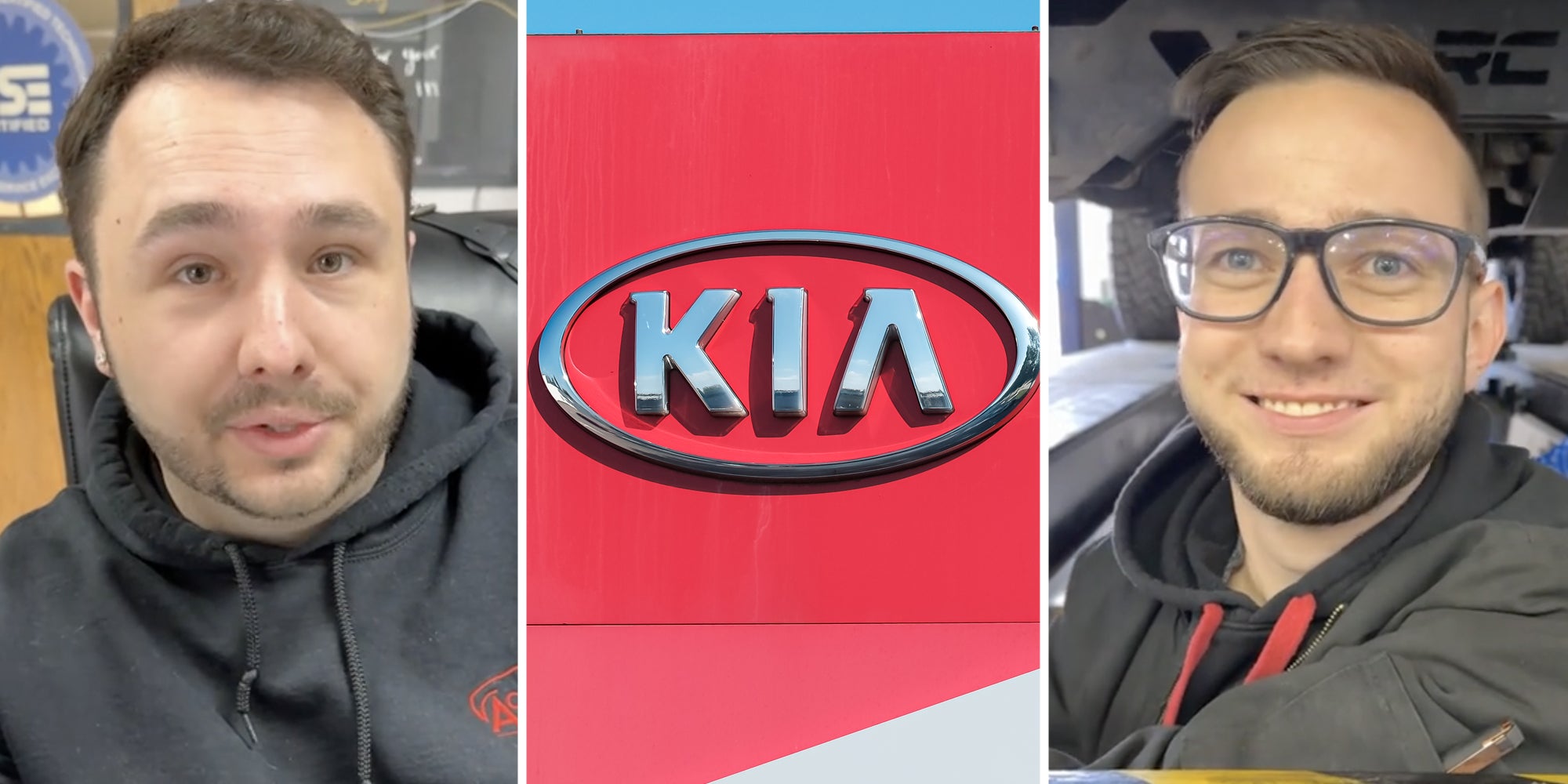 Man talking(l), Kia sign(c), Man smiling(r)
