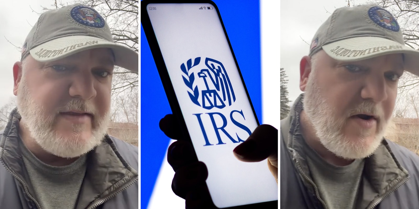 anthony hudson talking(l+r), Hand holding phone with IRS app open