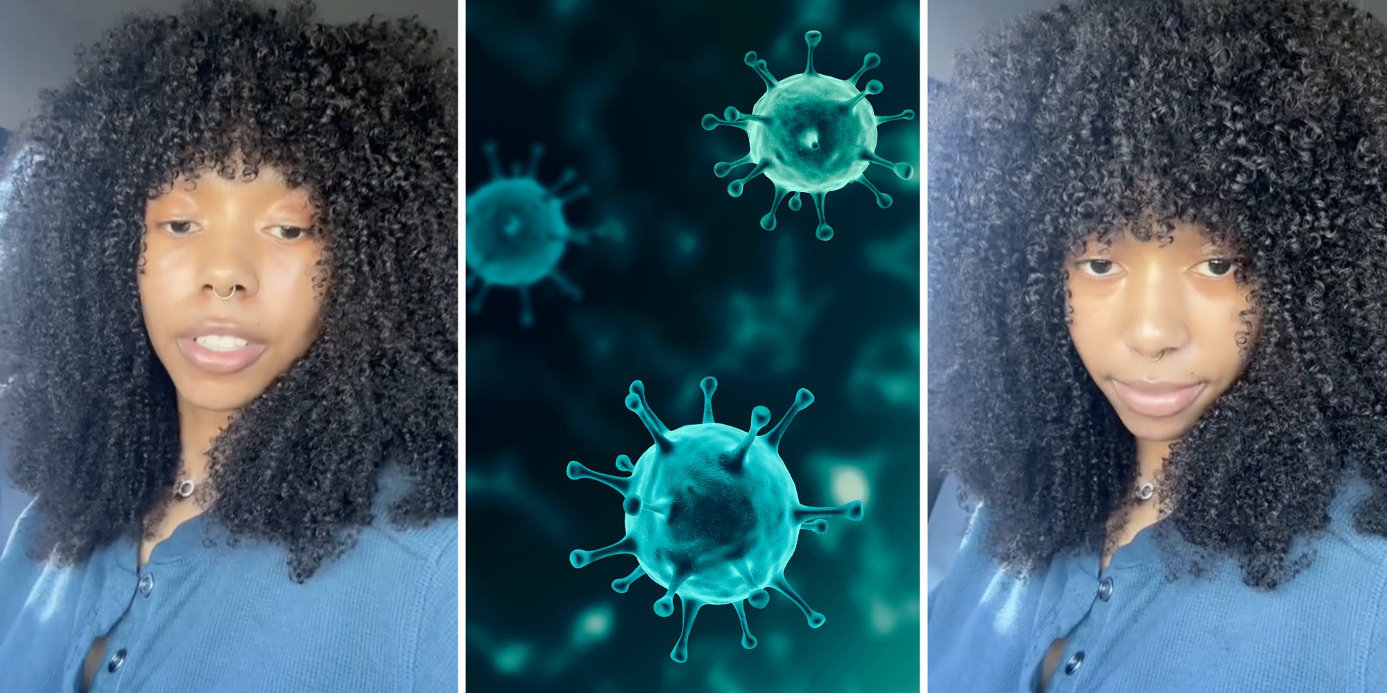 Woman talking(l+r), Virus cells(c)