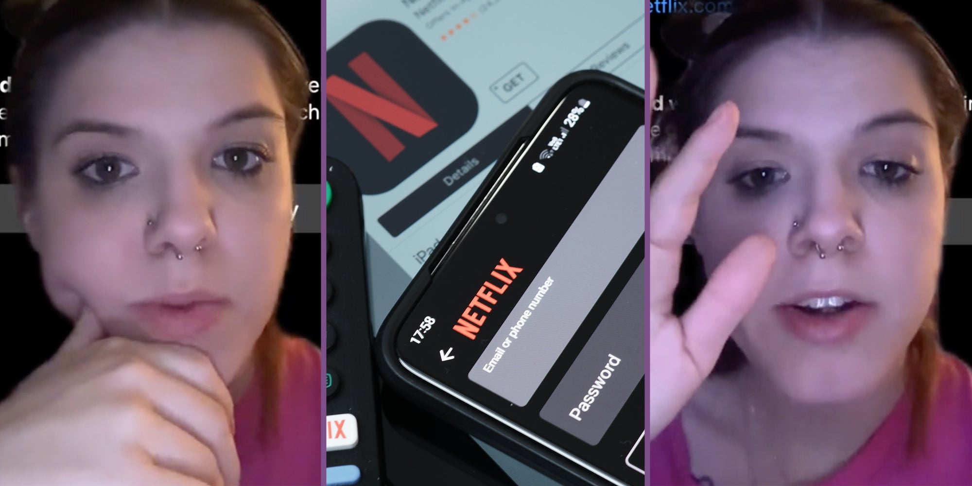 Woman talking(l+r), Phone with netflix login opened(c)