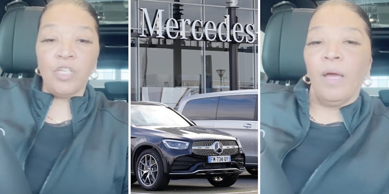 Woman talking(l+r), Mercedes Benz dealership(c)