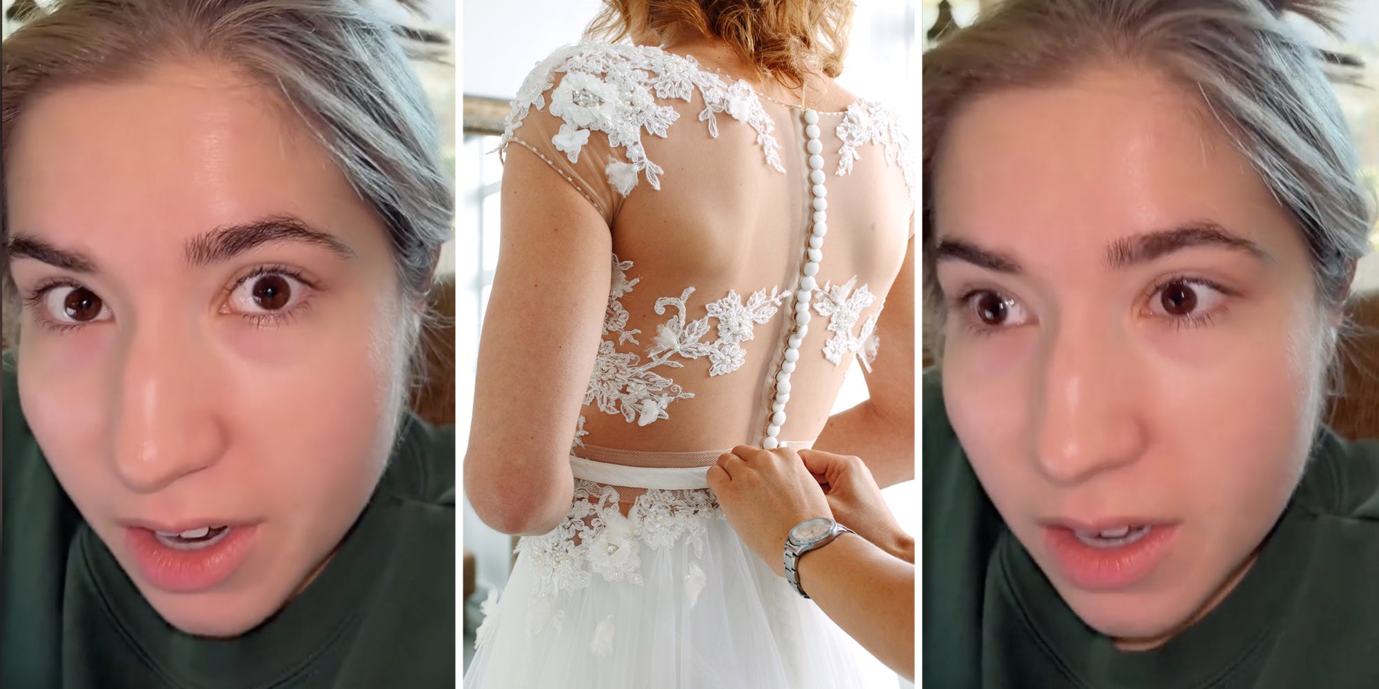 Woman talking(l+r), Woman in wedding dress being buttoned in from the back(c)