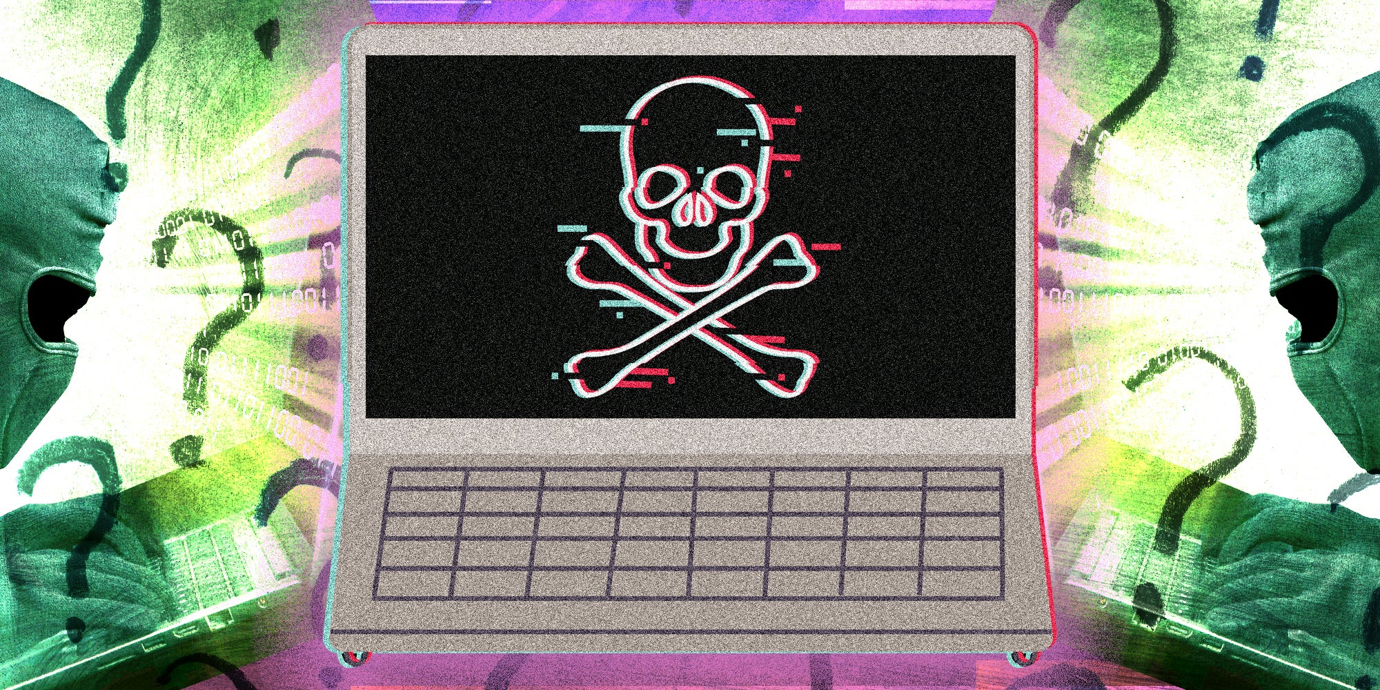 Computer with hacker logo and hackers in the background with question marks