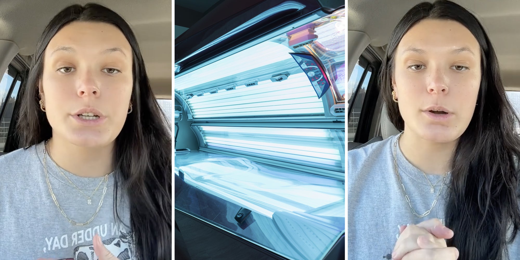Woman talking(l+r), Tanning bed(c)