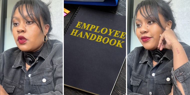 Woman talking(l+r), Employee Handbook(c)