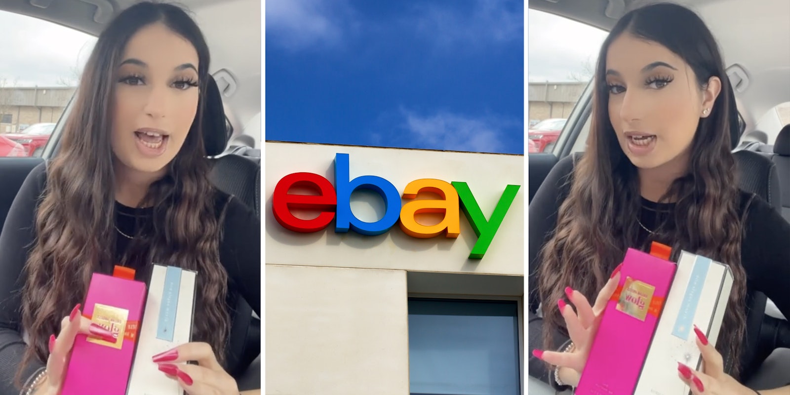 Woman talking holding perfume boxes(l+r), Ebay headquarters