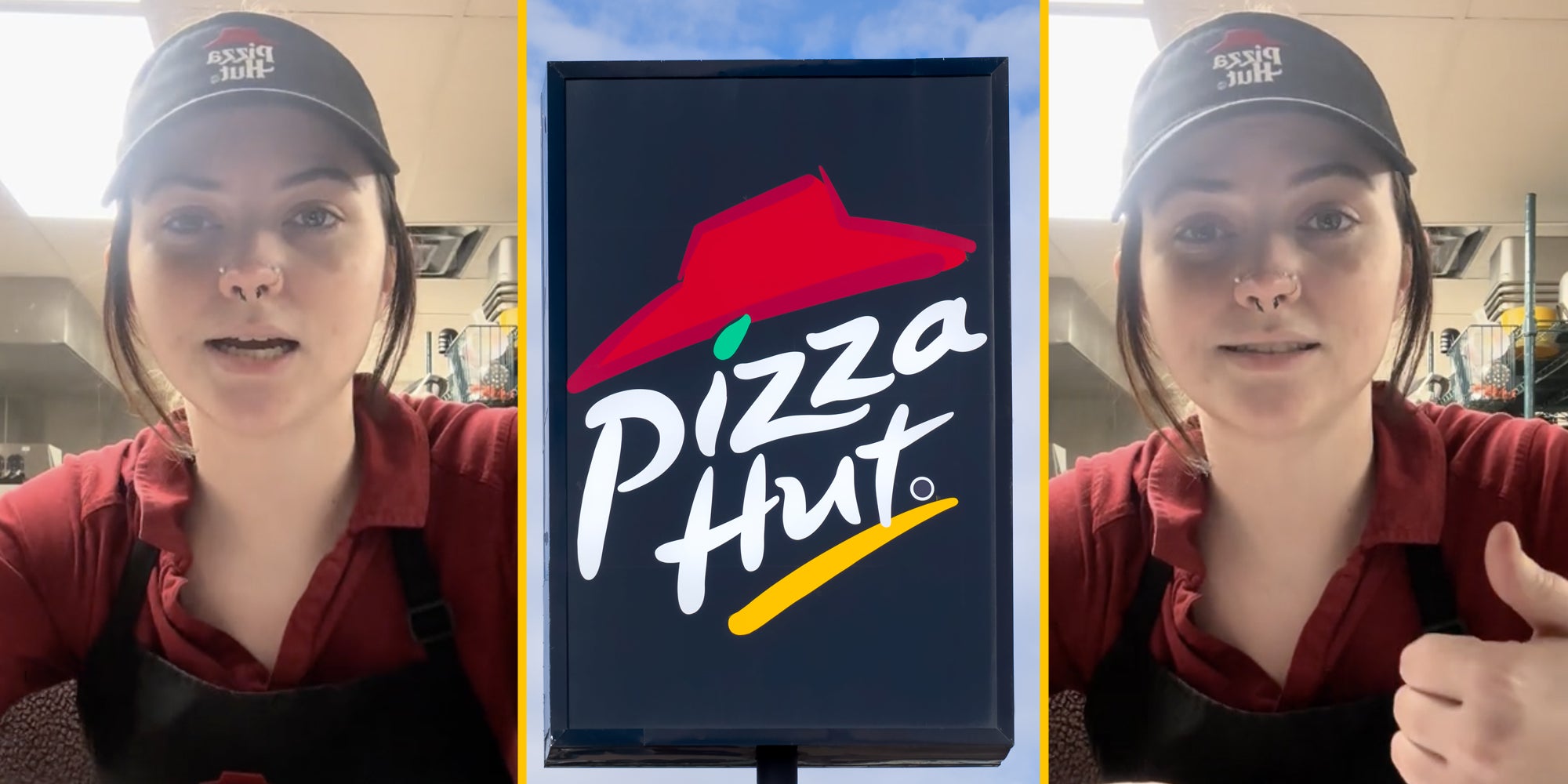 Worker talking(l+r), Pizza Hut sign(c)
