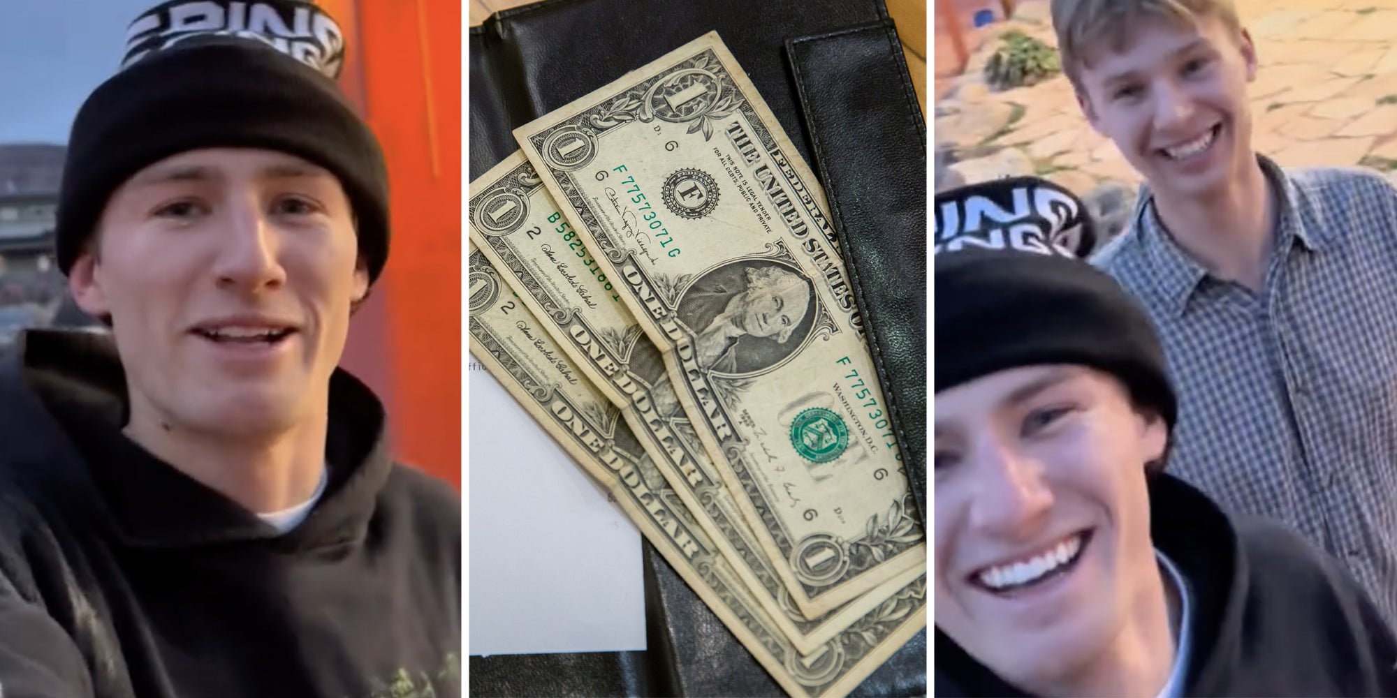 Man smiling(l), Three dollars on check(c), Two men laughing(r)