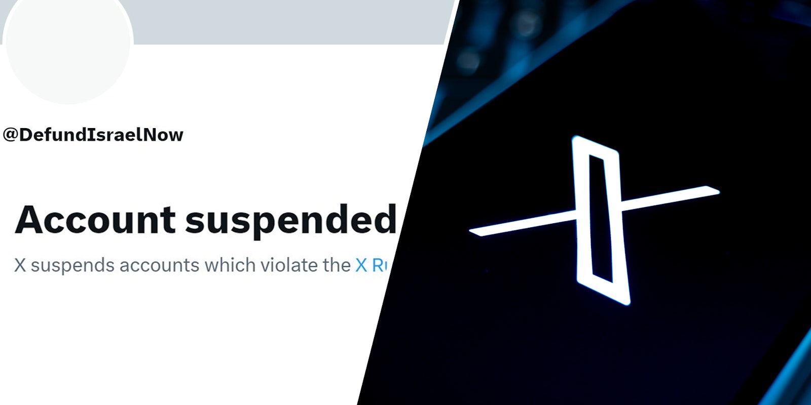 Account suspended(l), Phone with x app(r)