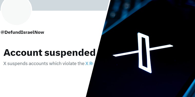 Account suspended(l), Phone with x app(r)