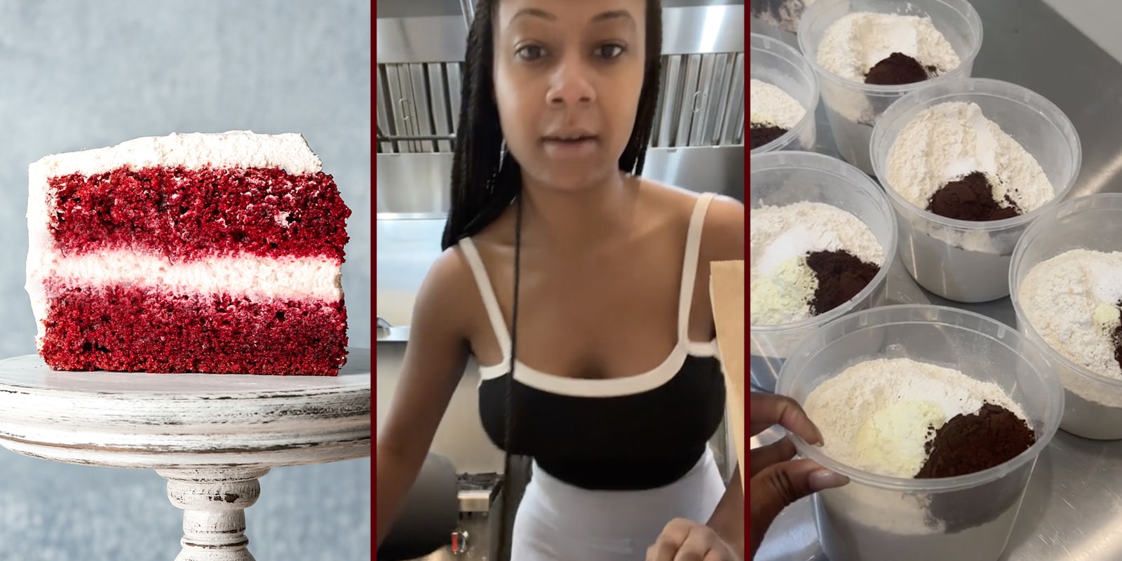 Red velvet cake(l), Woman talking(c), Red velvet mix(r)