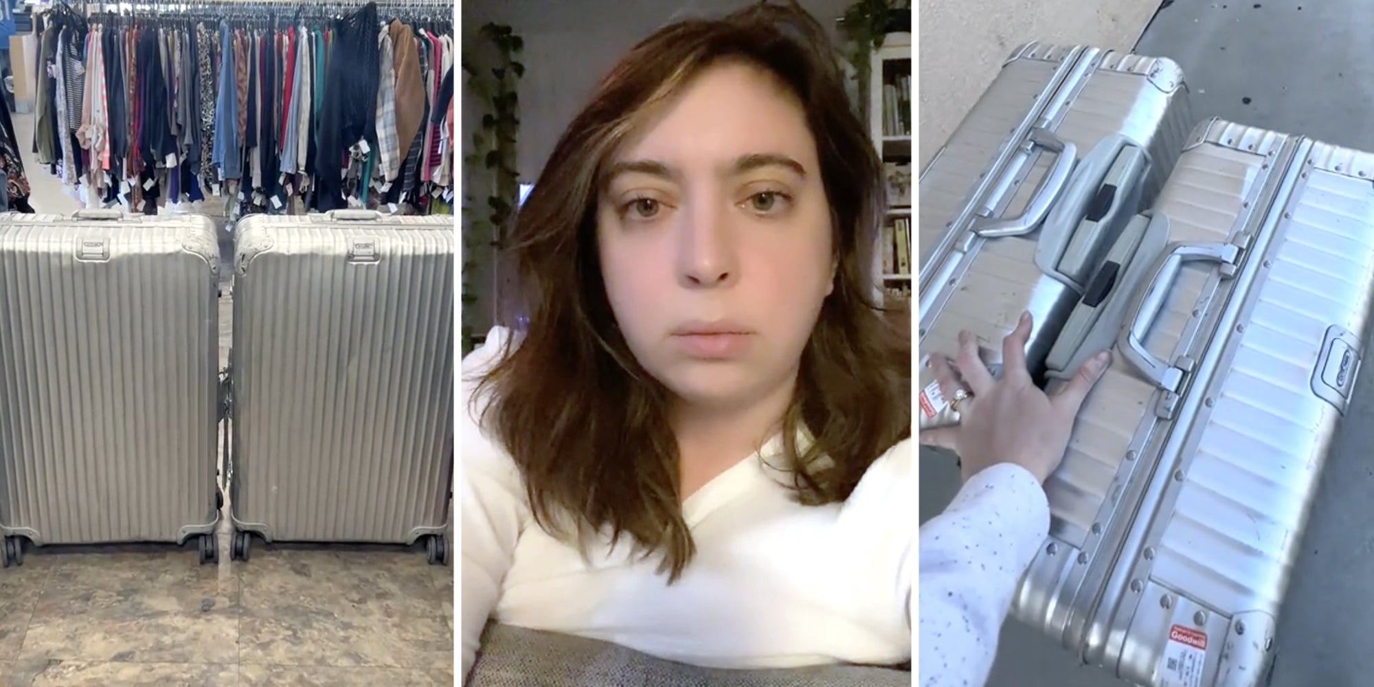 Suitcases(l+r), Woman staring at camera(c)