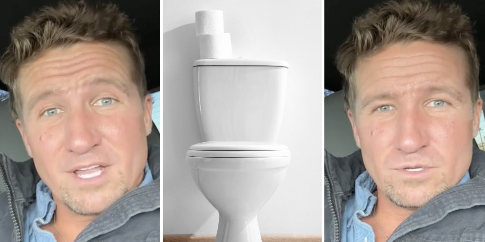 Man talking(l+r), Toilet with toilet paper rolls on top(c)