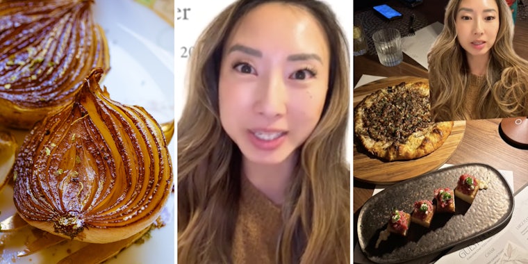 Roasted Onion(l), Woman talking(c), Woman talking over food dishes(r)