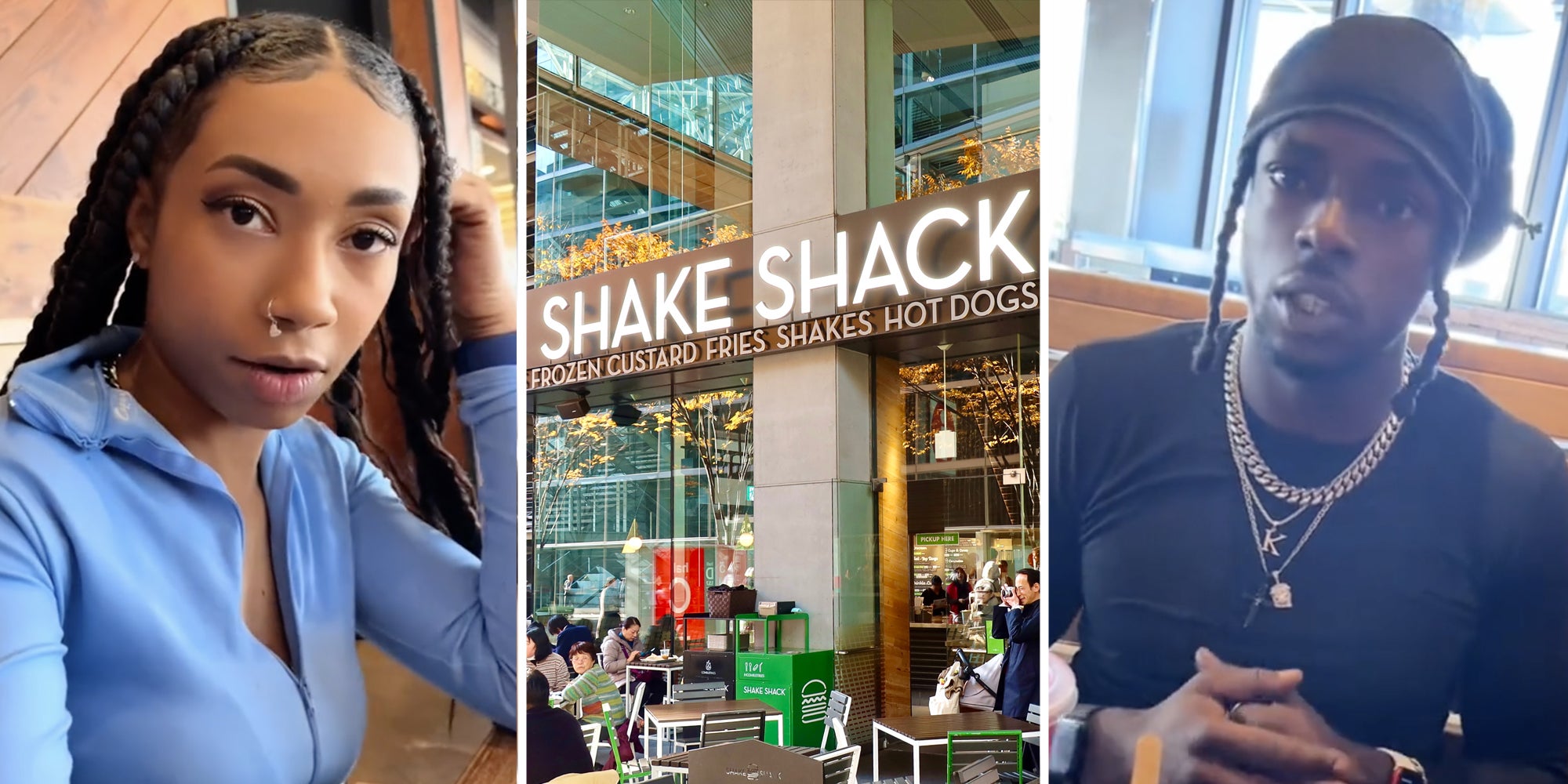 Woman talking(l), Shake Shack(c), Man talking(r)