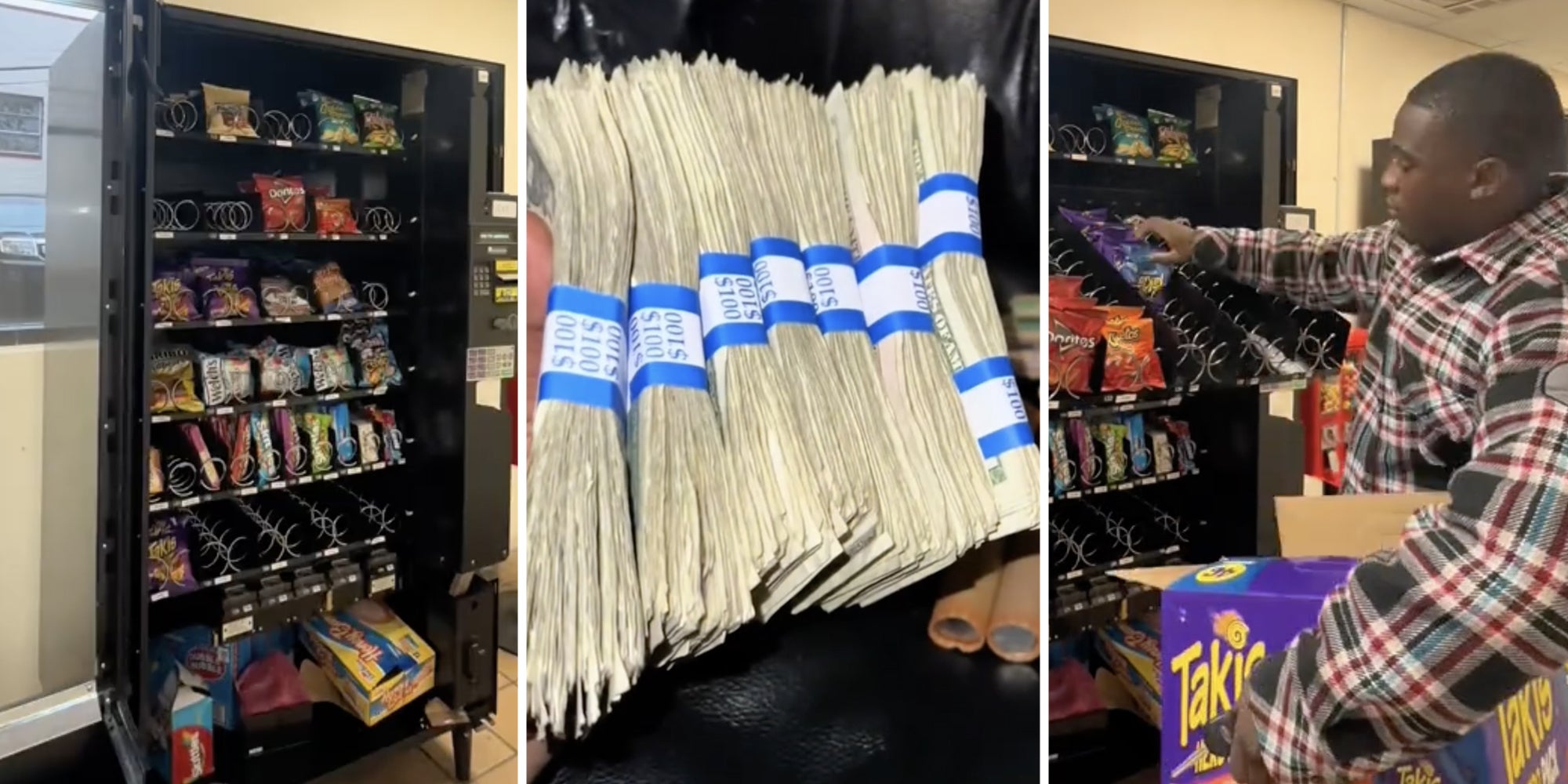 Vending machine(l), Money(c), Man filling up machine(r)