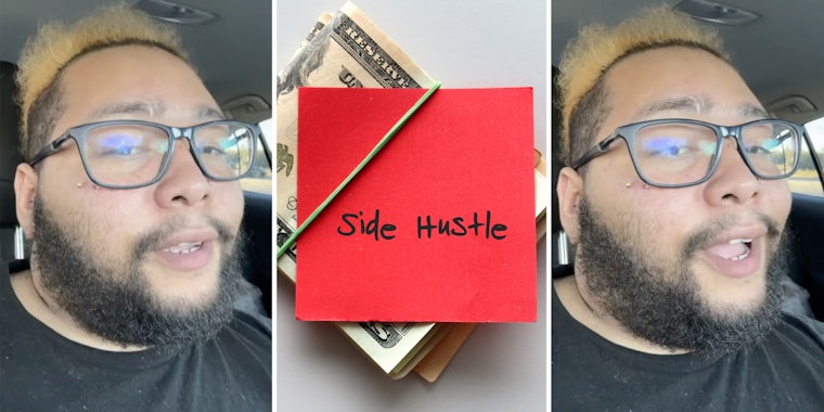 Man talking(l+r), Money with post it saying 'side hustle'(c)