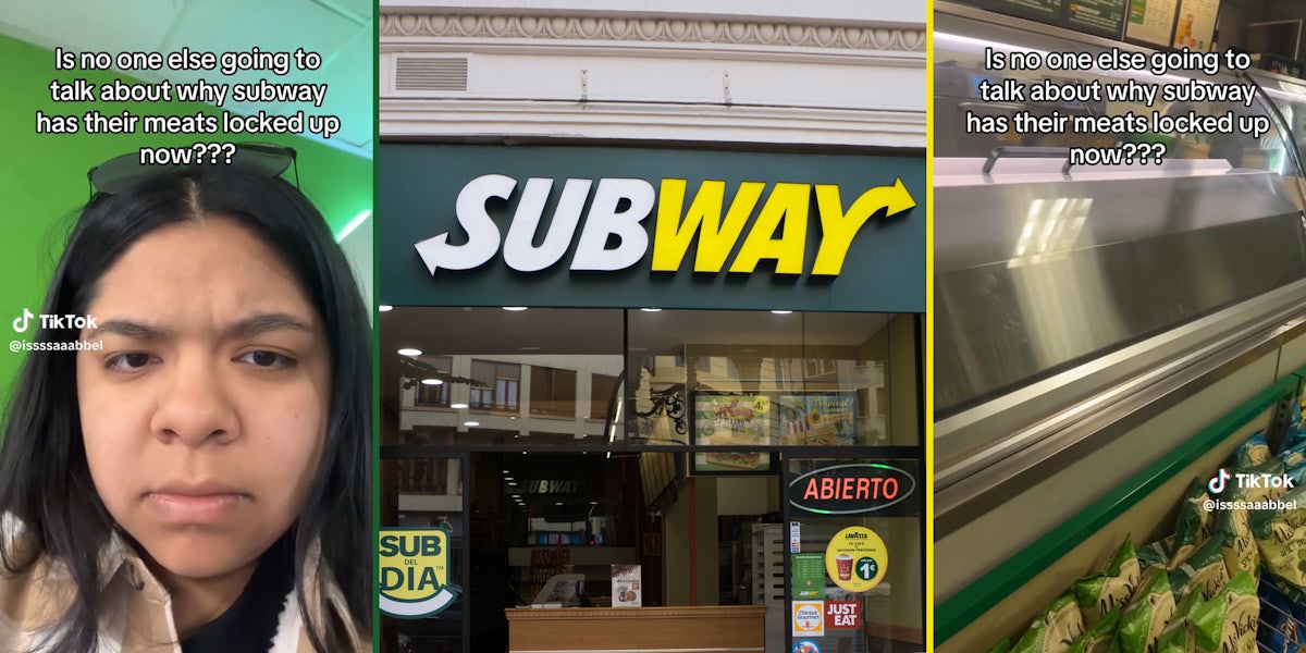 young woman in Subway with caption 'is no one else going to talk about why subway has their meats locked up now???' (l) Subway storefront (c) Subway counter (r)