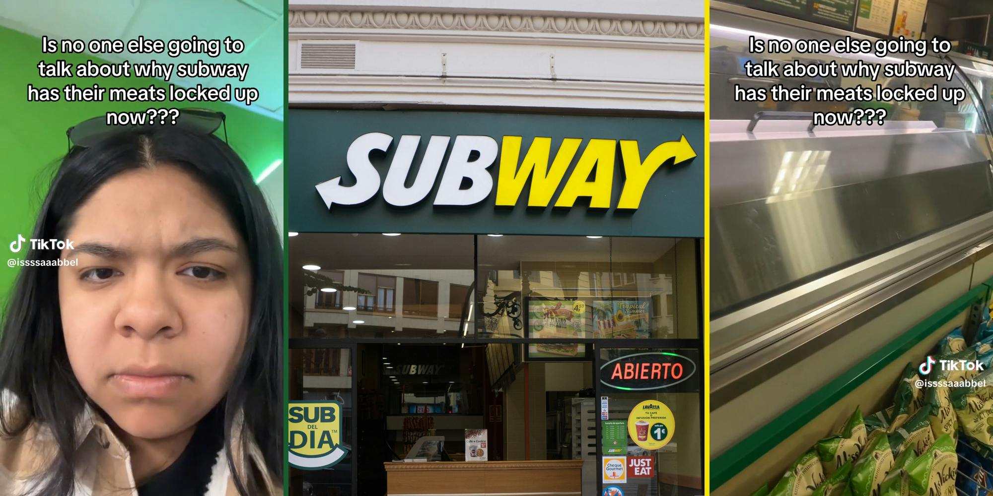 young woman in Subway with caption "is no one else going to talk about why subway has their meats locked up now???" (l) Subway storefront (c) Subway counter (r)