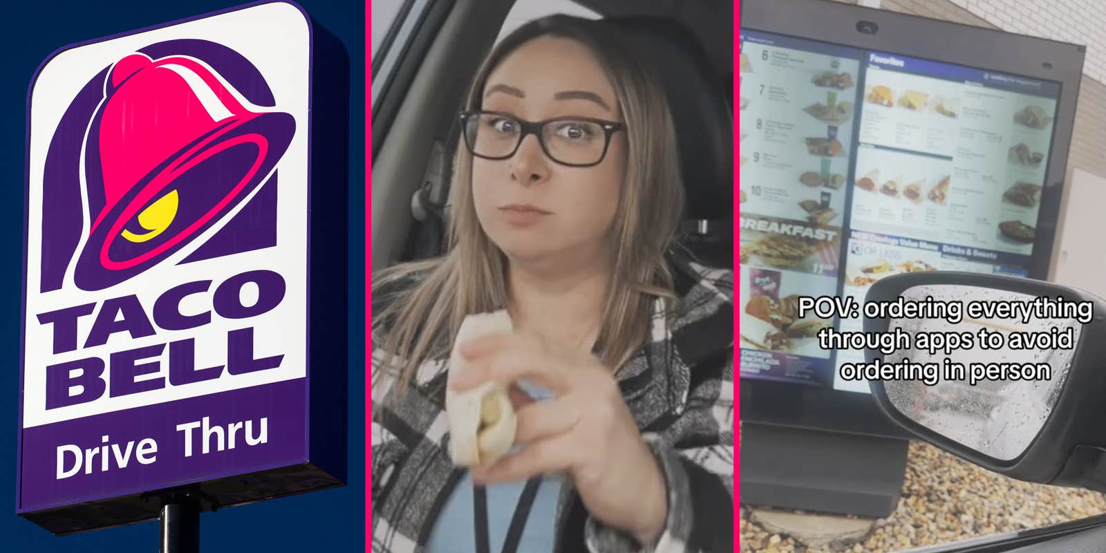 Taco Bell sign(l), Woman eating taco(c), Drive thru(r)