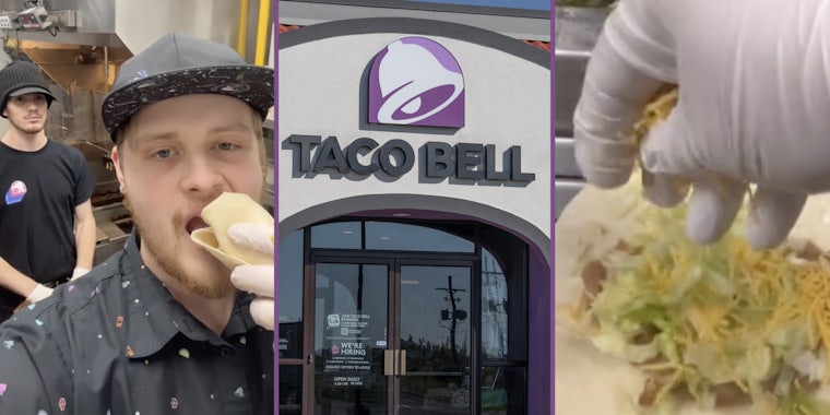 Man with burrito with taco bell worker behind him(l), Taco Bell(c), Hand making burrito(r)