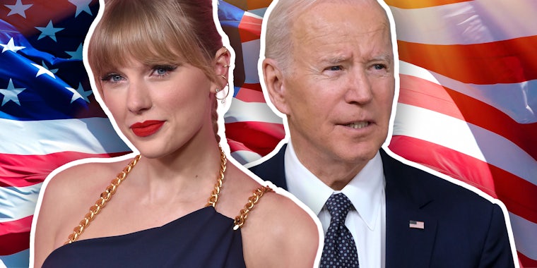 Taylor Swift and Joe Biden in front of American Flag