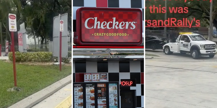 Parking signs(l), Checkers sign(c), Tow truck(r)